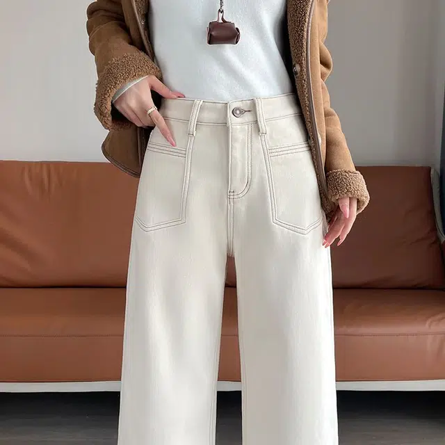 如续 韩系简约时尚百搭气质长裤直筒加绒女秋冬辣妹宽松显瘦九分小个子阔腿牛仔裤 女款