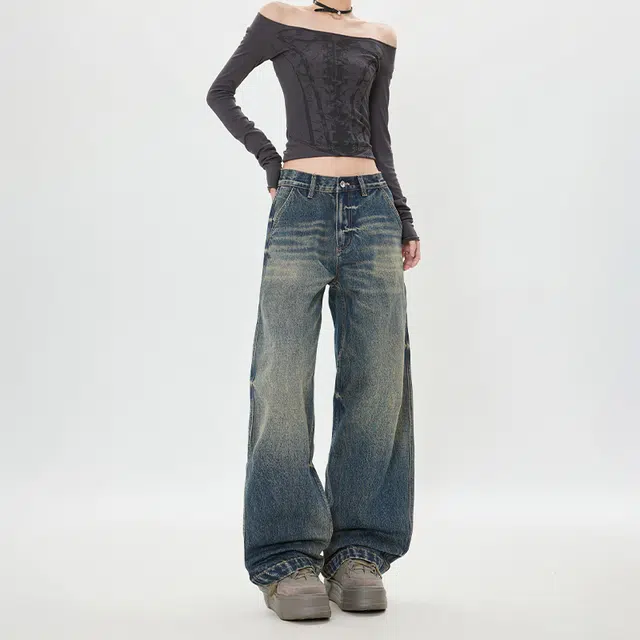 如续 宽松美式复古百搭日常拖地设计感牛仔裤 男女同款