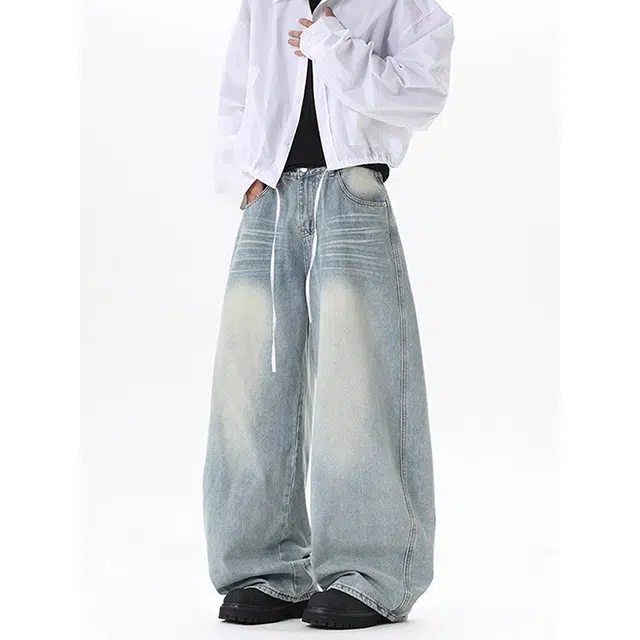 如续 美式水洗弯刀宽秋冬设计感褶皱阔腿裤子潮流百搭拖地垂坠感牛仔裤 男女同款