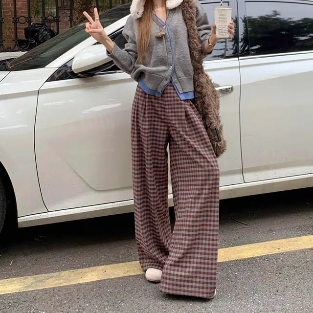 如续 潮流百搭宽松阔腿格子设计感直筒长裤舒适垂感拖地休息裤 女款