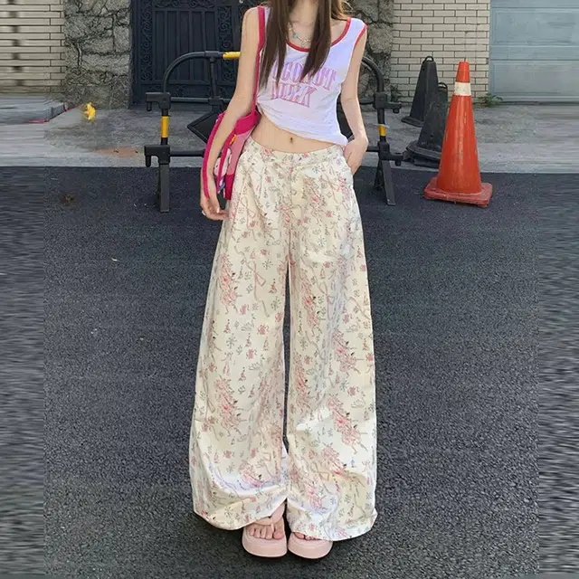 如续 美式复古高腰碎花宽松百搭薄款垂感阔腿时尚百搭休闲裤 女款