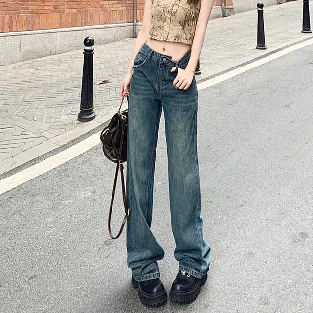 如续 磨破直筒高腰遮胯显瘦复古窄版垂感牛仔裤 女款