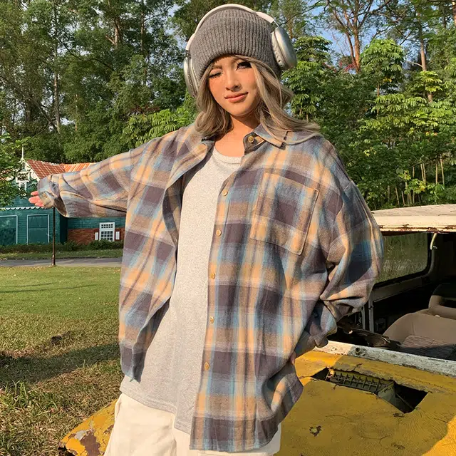 如续 相映成趣 美式复古撞色格子防晒长袖宽松休闲外套衬衫 女款