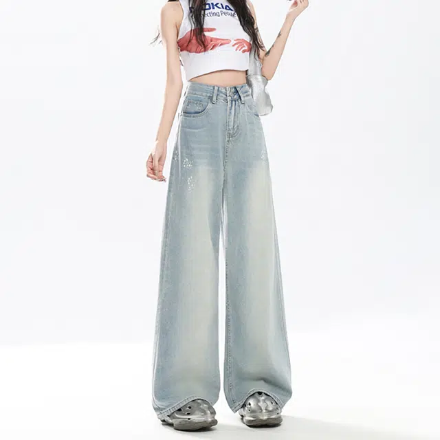 如续 复古女夏高腰宽松漆点重工水洗阔腿拖地裤牛仔裤 女款