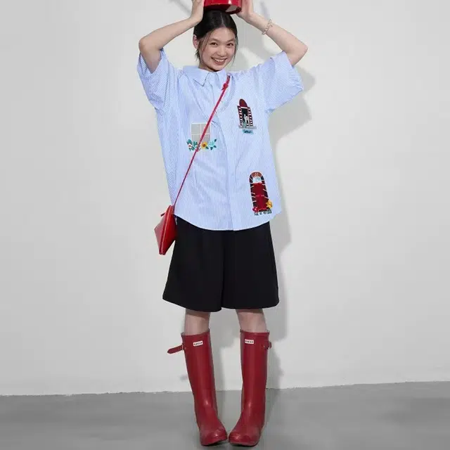 如续 趣味可爱贴布宽松百搭女上衣童趣条纹慵懒风短袖衬衫 女款