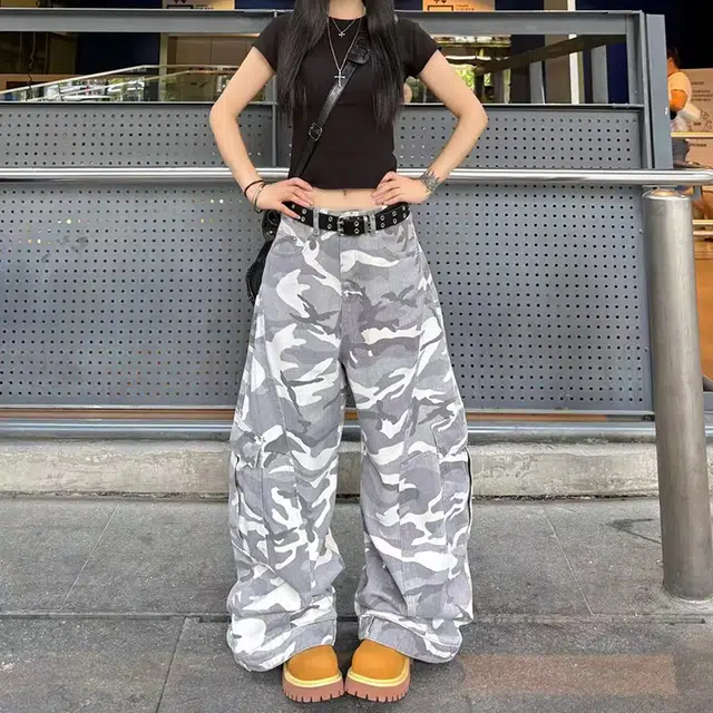 如续 中性秋冬高街迷彩裤大码工装裤潮牌宽松百搭直筒阔腿弯刀裤牛仔裤 男女同款