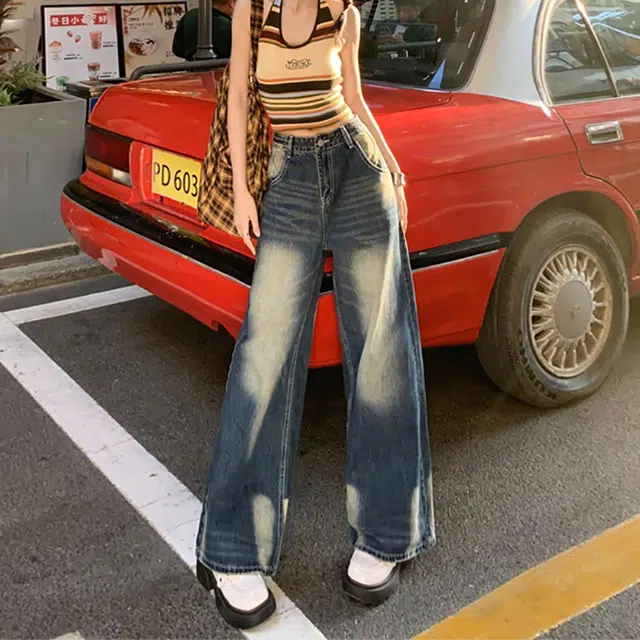 如续 美式复古高腰宽松阔腿裤渐变垂感小众设计春夏直筒女牛仔裤 女款