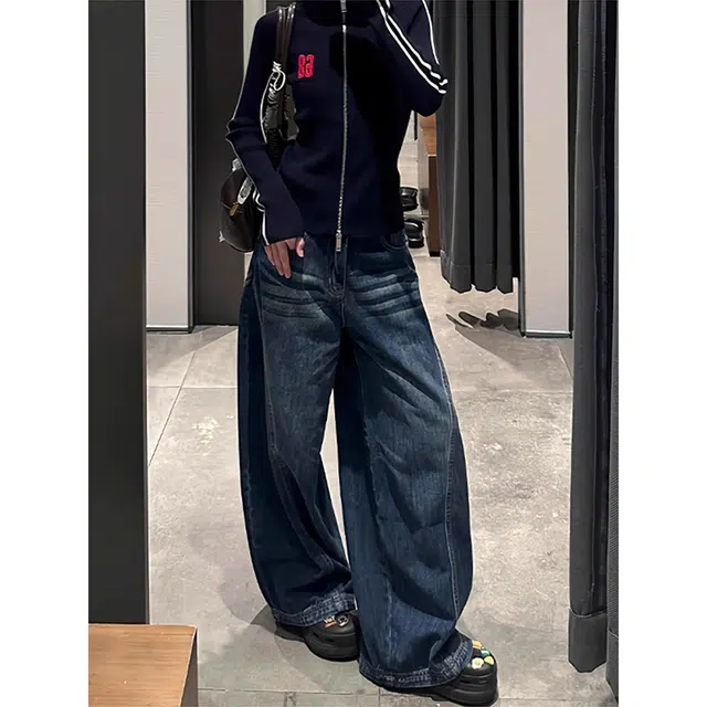 如续 美式水洗阔腿弯刀垂感长裤百搭潮流宽松直筒拖地舒适休闲牛仔裤 女款