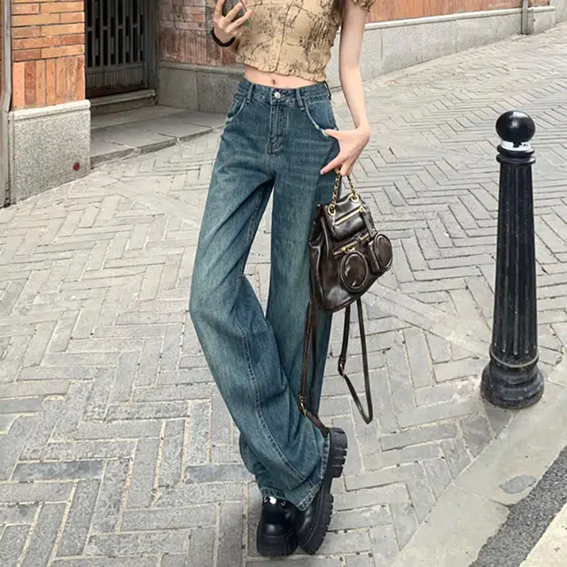 如续 磨破直筒高腰遮胯显瘦复古窄版垂感牛仔裤 女款