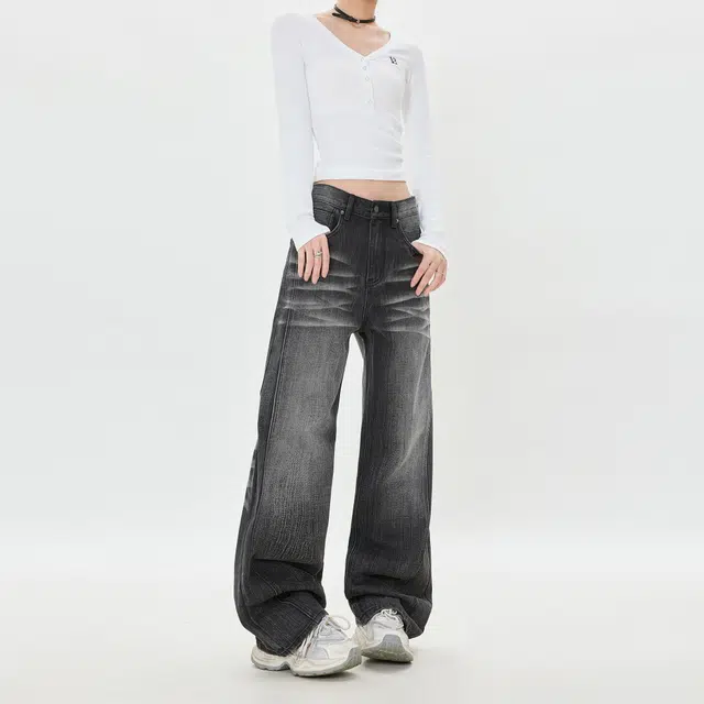 如续 美式复古水洗猫须宽松显瘦直筒阔腿牛仔裤 男女同款