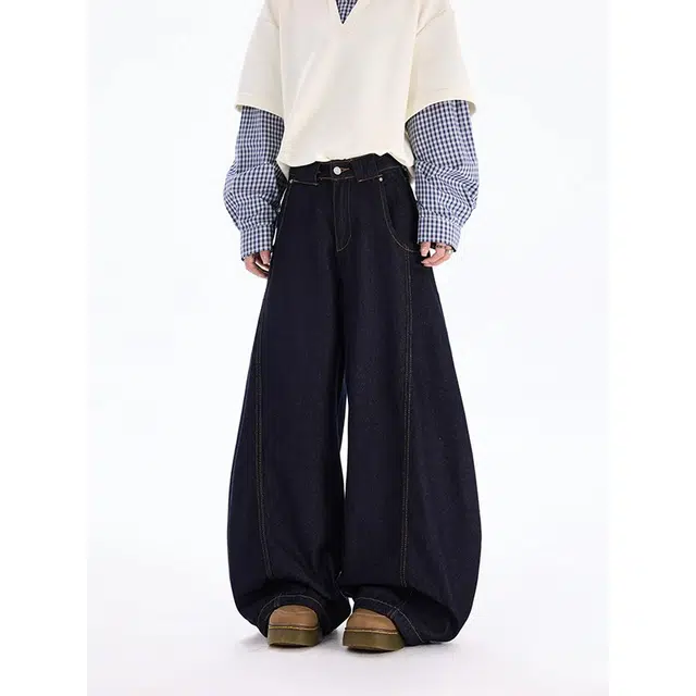 如续 美式复古风纯色简约百搭阔腿长裤低腰慵懒弛感垂感休闲拖地牛仔裤 男女同款