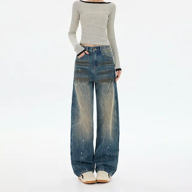 如续 美式做旧图案设计纽扣宽松褶皱斑点拖地牛仔裤 男女同款