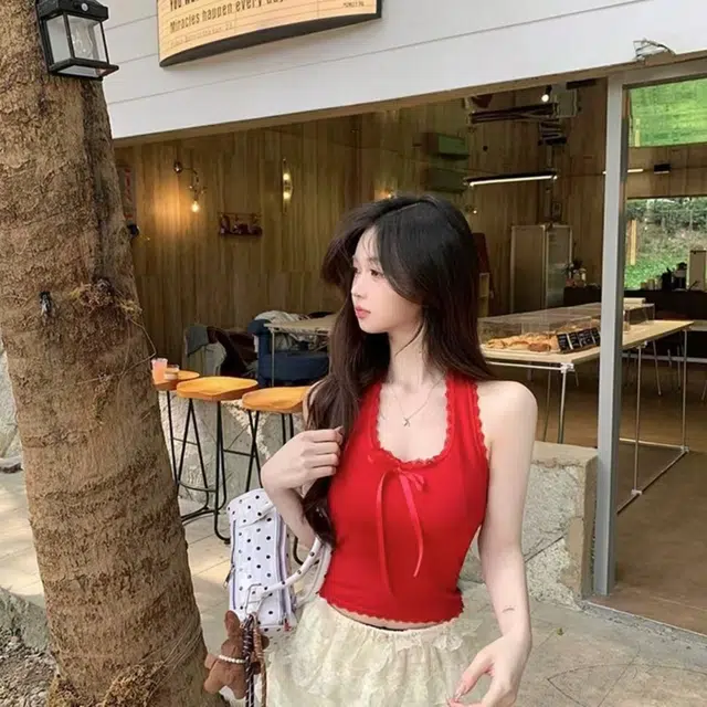如续 蕾丝挂脖蝴蝶结系带带胸垫修身露背吊带上衣背心 女款
