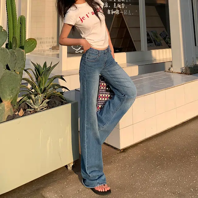 如续 辣妹低腰圆口袋设计微弹力微喇叭垂感修身微复古时尚牛仔裤 女款