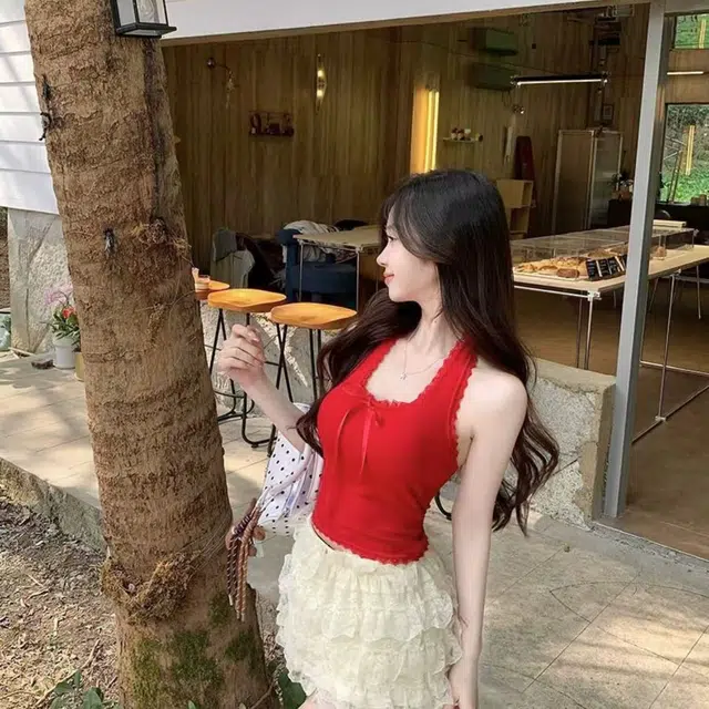 如续 蕾丝挂脖蝴蝶结系带带胸垫修身露背吊带上衣背心 女款