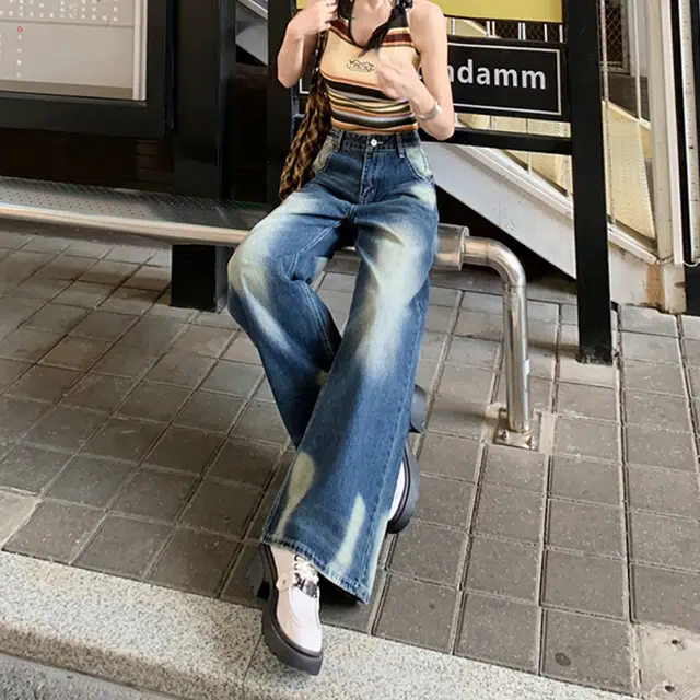 如续 美式复古高腰宽松阔腿裤渐变垂感小众设计春夏直筒女牛仔裤 女款