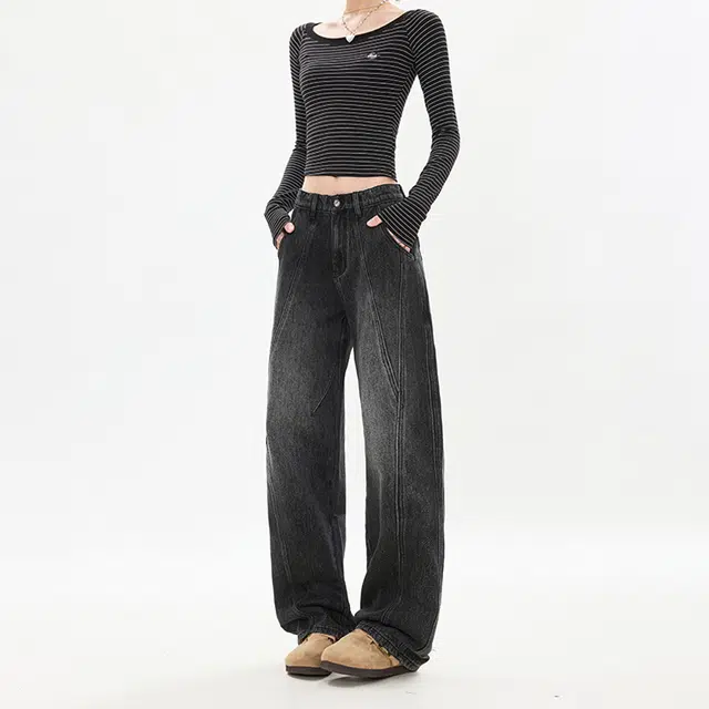 如续 宽松显瘦复古水洗潮舒适百搭褶皱牛仔裤 男女同款