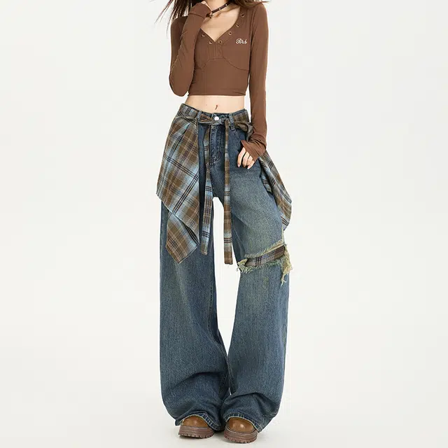 如续 设计感屁帘假破洞阔腿女秋高腰宽松显瘦拖地裤牛仔裤 女款