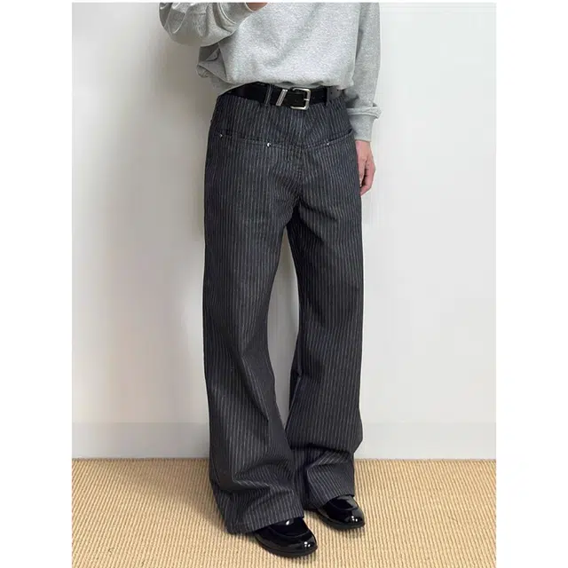 如续 美式潮牌慵懒风垂感条纹休闲裤中性百搭宽松直筒高级感微喇牛仔裤 男女同款