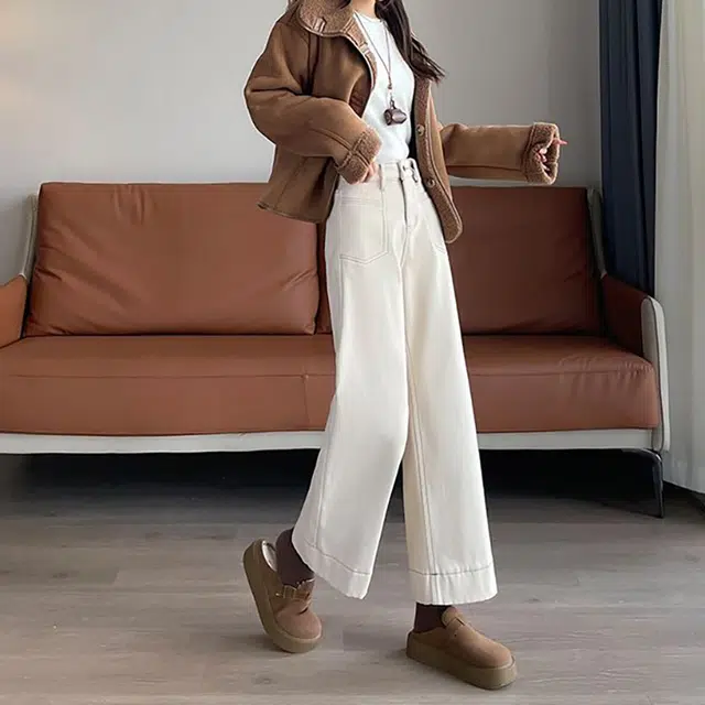 如续 韩系简约时尚百搭气质长裤直筒加绒女秋冬辣妹宽松显瘦九分小个子阔腿牛仔裤 女款