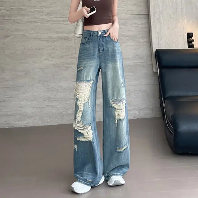 如续 蕾丝阔腿法式高级感简约舒适牛仔裤 女款