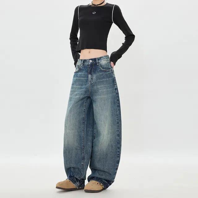 如续 美式怀旧复古宽松阔腿浅色百搭感垂感弯刀牛仔裤 男女同款