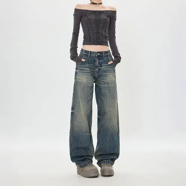 如续 宽松美式复古百搭日常拖地设计感牛仔裤 男女同款