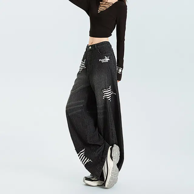 如续 美式复古可拆卸弯刀高街设计感宽松垂感阔腿休闲裤子牛仔裤 女款