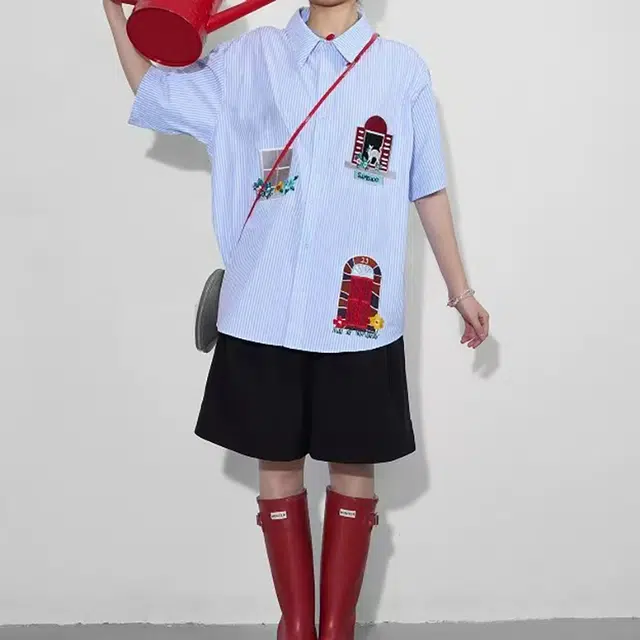 如续 趣味可爱贴布宽松百搭女上衣童趣条纹慵懒风短袖衬衫 女款