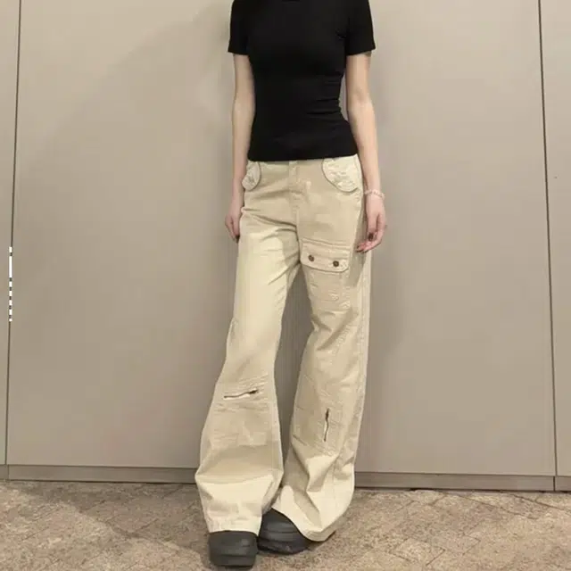 如续 美式复古高街多口袋工装设计户外机能伐木裤高腰修身显瘦拖地休闲微喇叭牛仔裤 女款