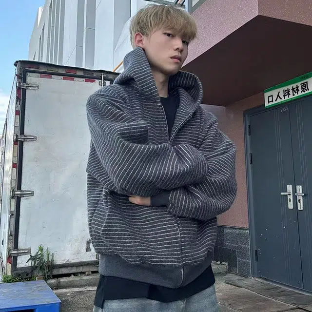 如续 潮流百搭韩系条纹大口袋连帽外套慵懒风宽松松弛感通勤卫衣 男女同款
