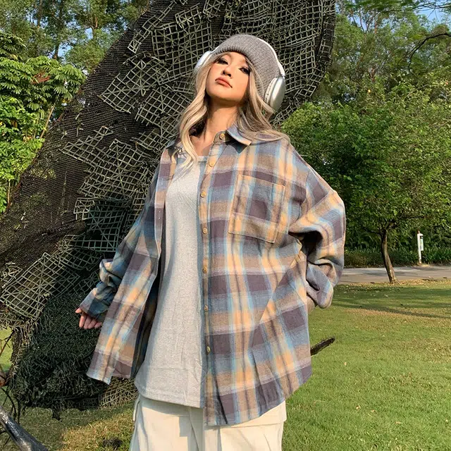 如续 相映成趣 美式复古撞色格子防晒长袖宽松休闲外套衬衫 女款