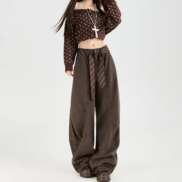 如续 工装裤女秋季水洗棉复古休闲春秋弯刀宽松阔腿裤子牛仔裤 女款