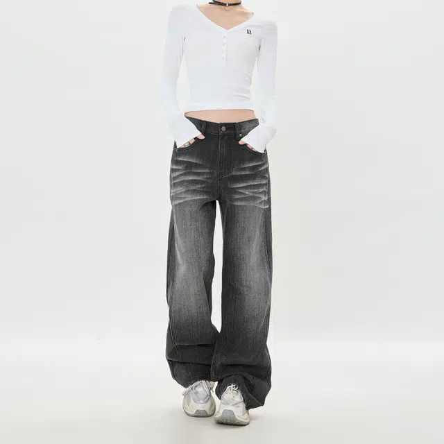 如续 美式复古水洗猫须宽松显瘦直筒阔腿牛仔裤 男女同款