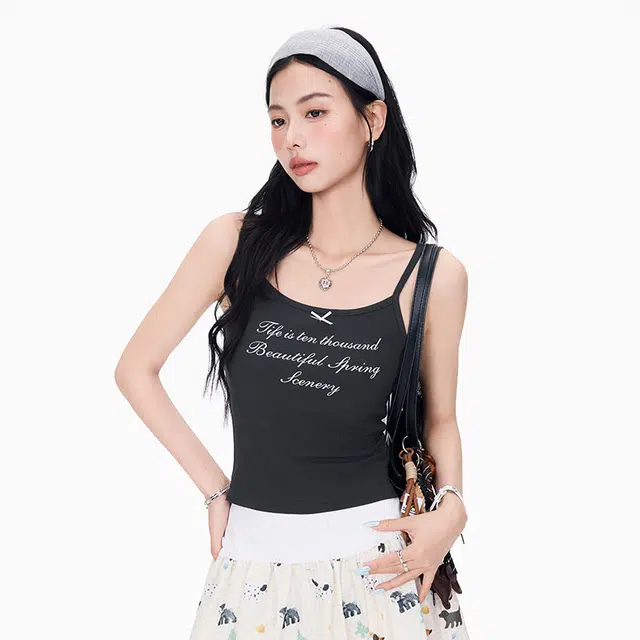 如续 美式甜辣 字母印花背心小女短款蝴蝶结修身上衣吊带 女款