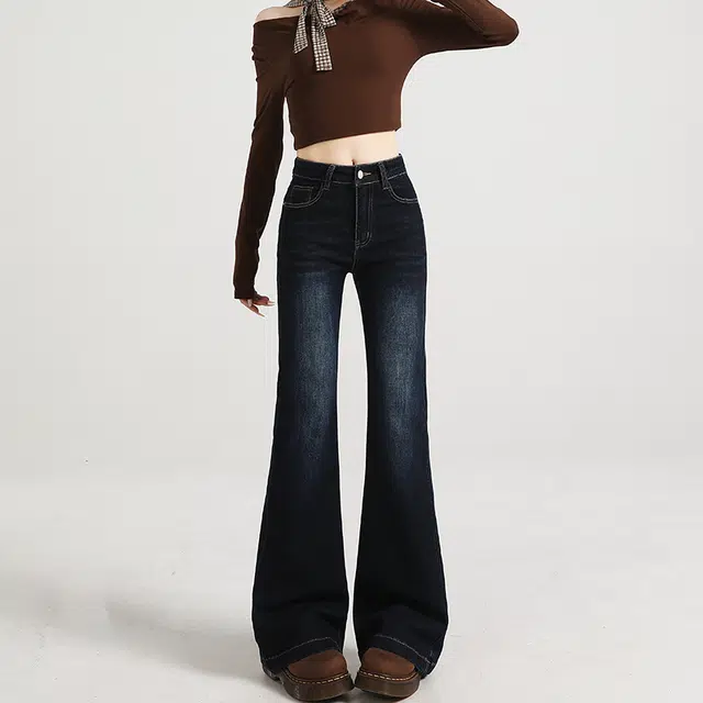 如续 水洗复古微喇弹力显瘦设计感马蹄喇叭拖地牛仔裤 女款