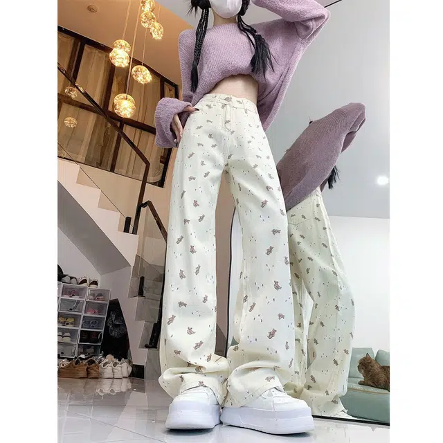 如续 美式可爱小熊印花简约百搭设计感小众高腰宽松直筒阔腿长裤潮牛仔裤 女款