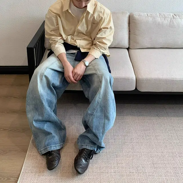 如续 美式复古重磅水洗做旧弯刀长裤宽松直筒阔腿拖地设计感百搭牛仔裤 男女同款