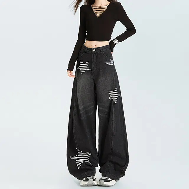 如续 美式复古可拆卸弯刀高街设计感宽松垂感阔腿休闲裤子牛仔裤 女款