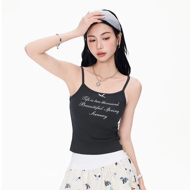 如续 美式甜辣 字母印花背心小女短款蝴蝶结修身上衣吊带 女款