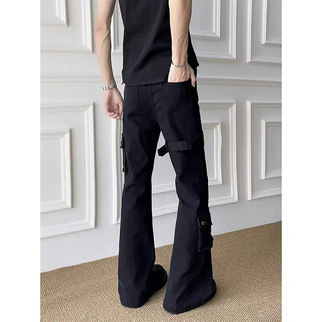 如续 美式复古高街风多口袋拼接设计百搭长裤潮流痞帅炸街微喇牛仔裤 男款