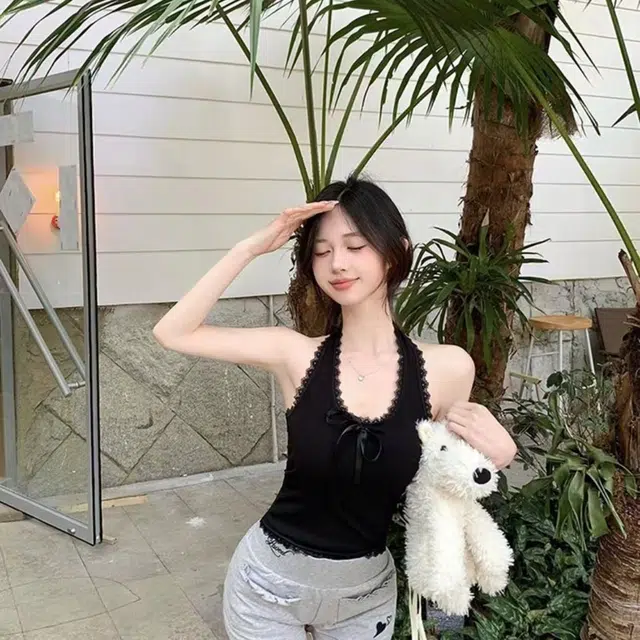 如续 蕾丝挂脖蝴蝶结系带带胸垫修身露背吊带上衣背心 女款
