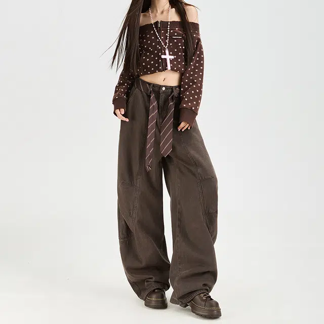 如续 工装裤女秋季水洗棉复古休闲春秋弯刀宽松阔腿裤子牛仔裤 女款