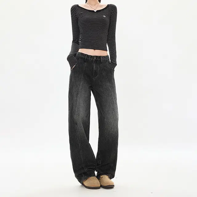 如续 宽松显瘦复古水洗潮舒适百搭褶皱牛仔裤 男女同款