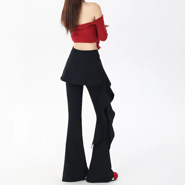 如续 微喇叭春夏紧身弹力直筒裤百搭高腰荷叶边长裤休闲裤 女款