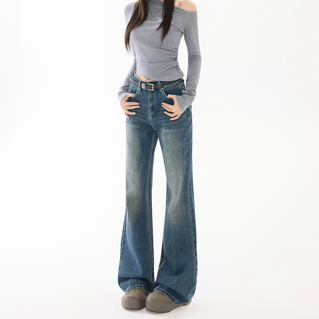 如续 秋冬慵懒休闲高腰阔腿裤女喇叭裤高街复古拖地裤牛仔裤 女款