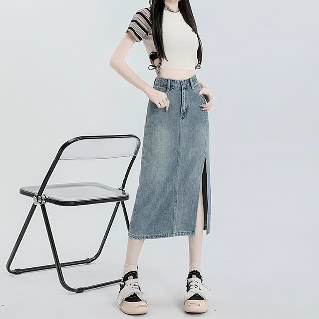 如续 高腰百搭做旧时尚中长款开叉休闲长裙 女款