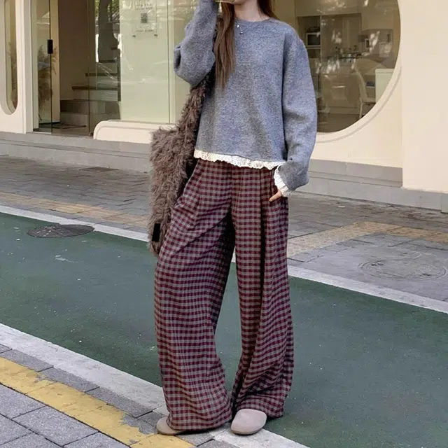 如续 潮流百搭宽松阔腿格子设计感直筒长裤舒适垂感拖地休息裤 女款