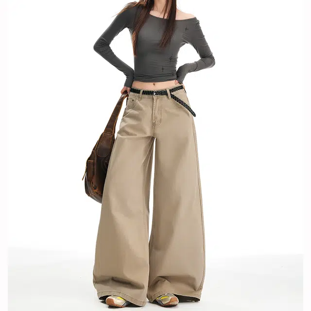 如续 洗褪棉料高腰显瘦宽松大阔腿百搭舒适休闲裤 女款