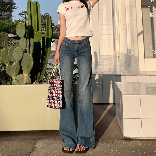 如续 辣妹低腰圆口袋设计微弹力微喇叭垂感修身微复古时尚牛仔裤 女款